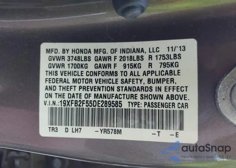 2013 Honda Civic Lx from USA, damaged, VIN 19XFB2F55DE289585